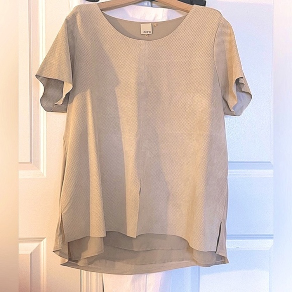 Ecru Textured REAL Suede Short Sleeve Front Slit Layered Look Top in Tan. XL